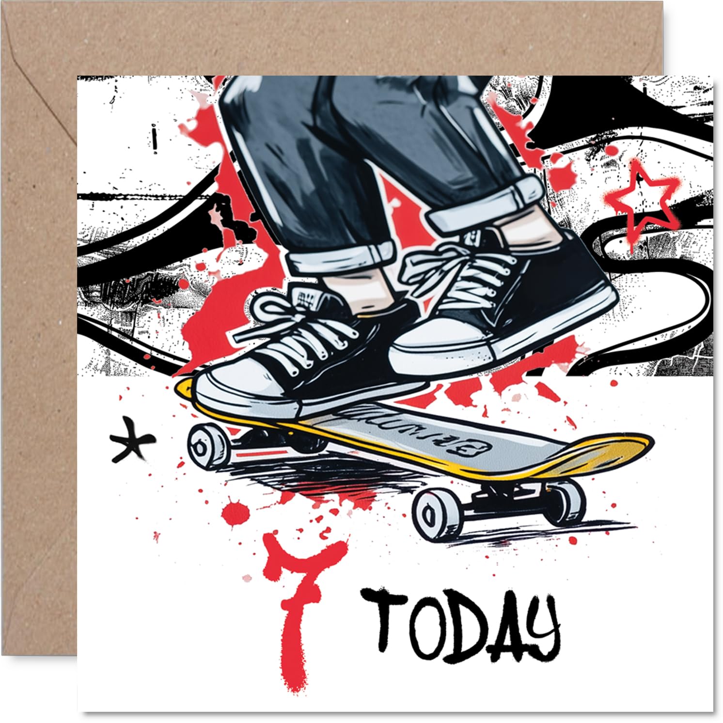 Playful 7th Birthday Card - Kickflip into Seven - Skateboarding Kid in Bold Urban Colours - Vibrant Energy for a Cool Birthday - 145mm Square, Envelope Included