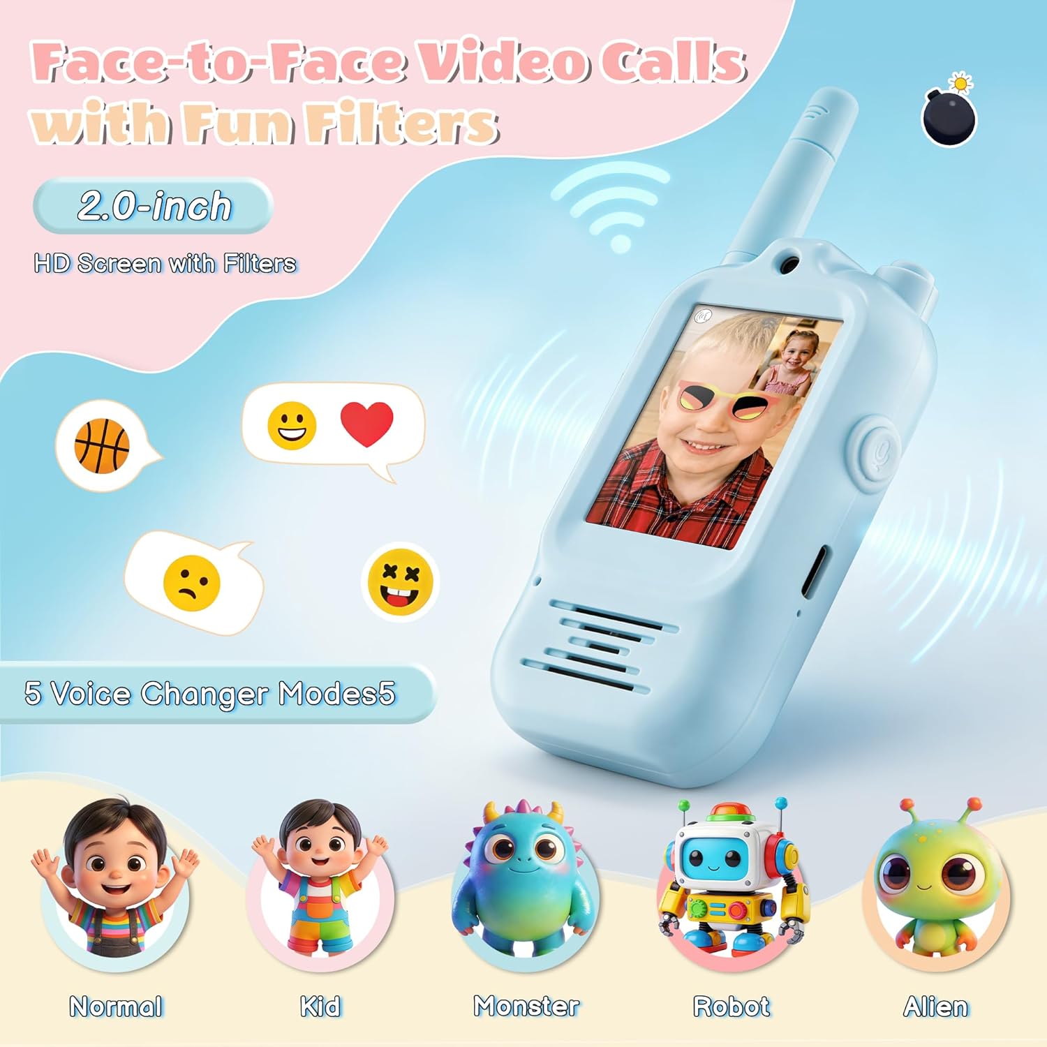 Video Walkie Talkies for Kids, 2.0" Screen Toys with Camera, 5 Voice Changer Modes, Long Range Rechargeable Video Call Toys for 3-12 Year Old Boys Girls Birthday (Blue/Pink)