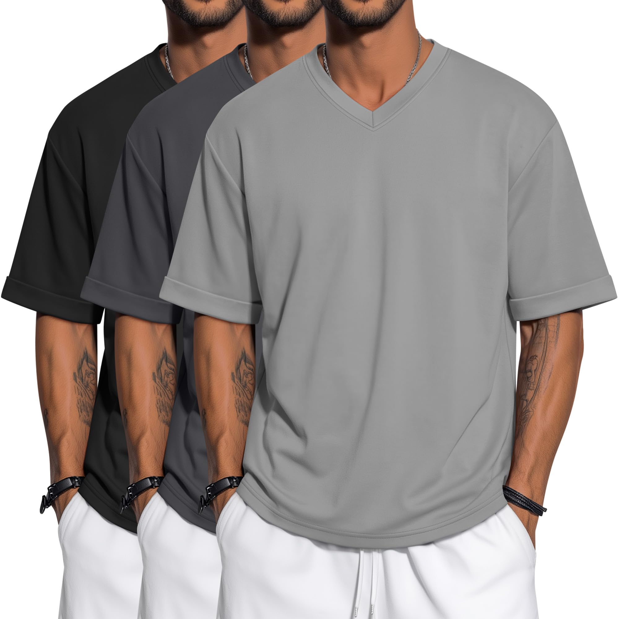 3 Pack Mens Oversized T-Shirts Short Sleeve Loose Fit Tops Casual V Neck Rolled Sleeve Tee Solid Basic