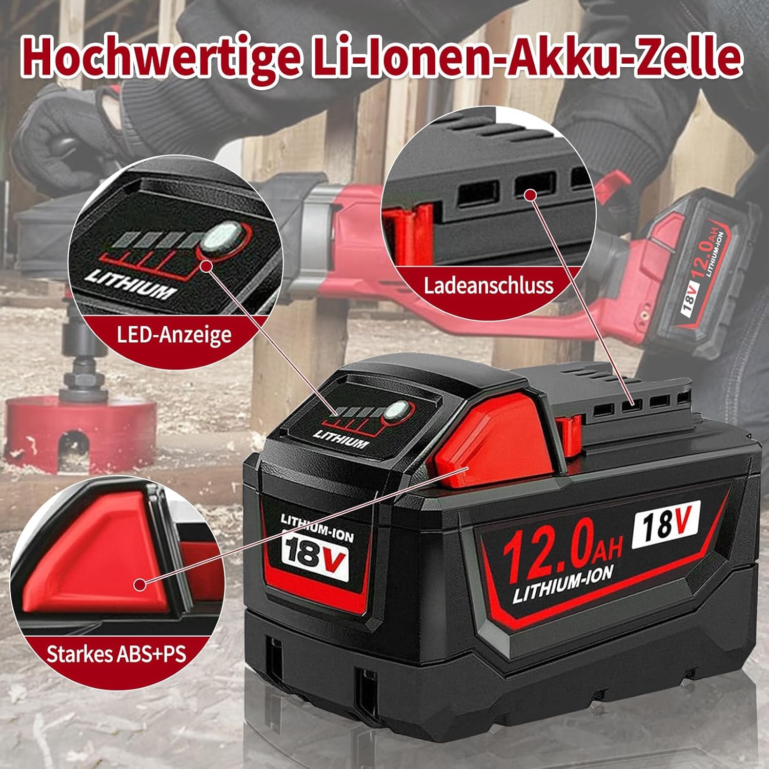 2 Stück 12.0Ah Li-Ion Ersatzakku für Milwaukee Akku 18V M18, Kompatibel mit M18B 48-11-1850 48-11-1840 48-11-1828 48-11-1820
