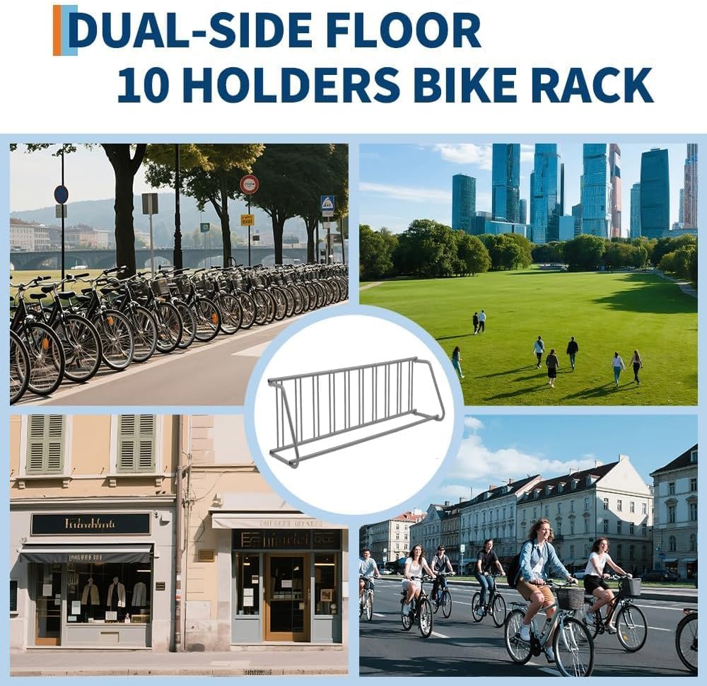 122-Inch Single Sided Bike Rack, Floor Bike Rack Holds 10 Bicycles, Steel Grid Commercial Rack in Gray for Garage, Store, Park & School