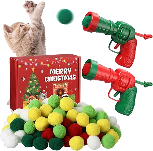 ShinyRelief 102 piezas de juguete lanzador de bolas para gatos con 100 bolas de peluche para gatos y 2 lanzadores, juguete interactivo de Navidad