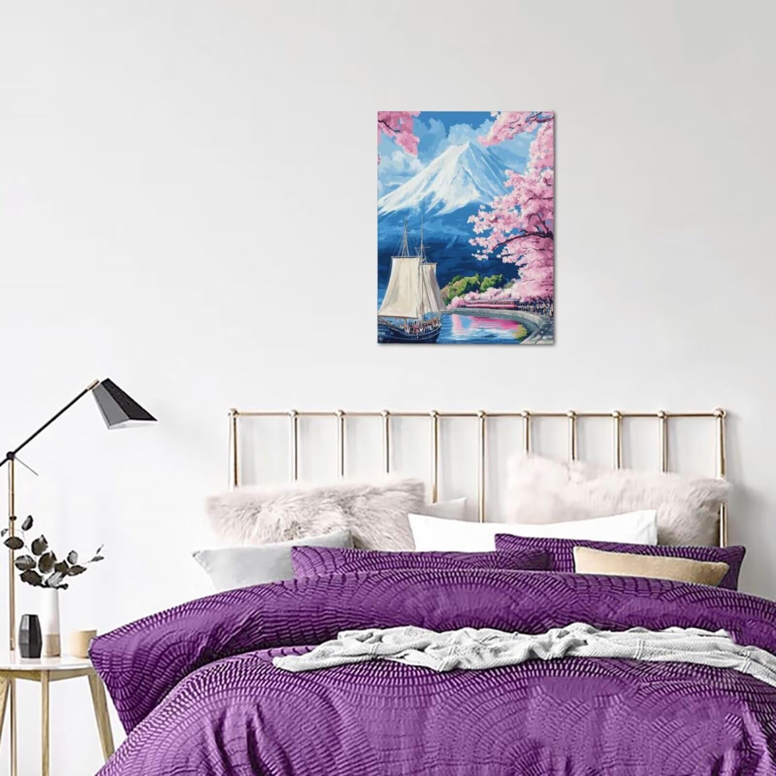 Malen nach Zahlen, Malen-nach-Zahlen-Set für Erwachsene, Motiv: Boot, Kirschblüte, Malen nach Zahlen für Anfänger, Acryl-Peinture a Numero, DIY-Ölgemälde, Kunsthandwerk Kits für Wanddekoration – (60 x