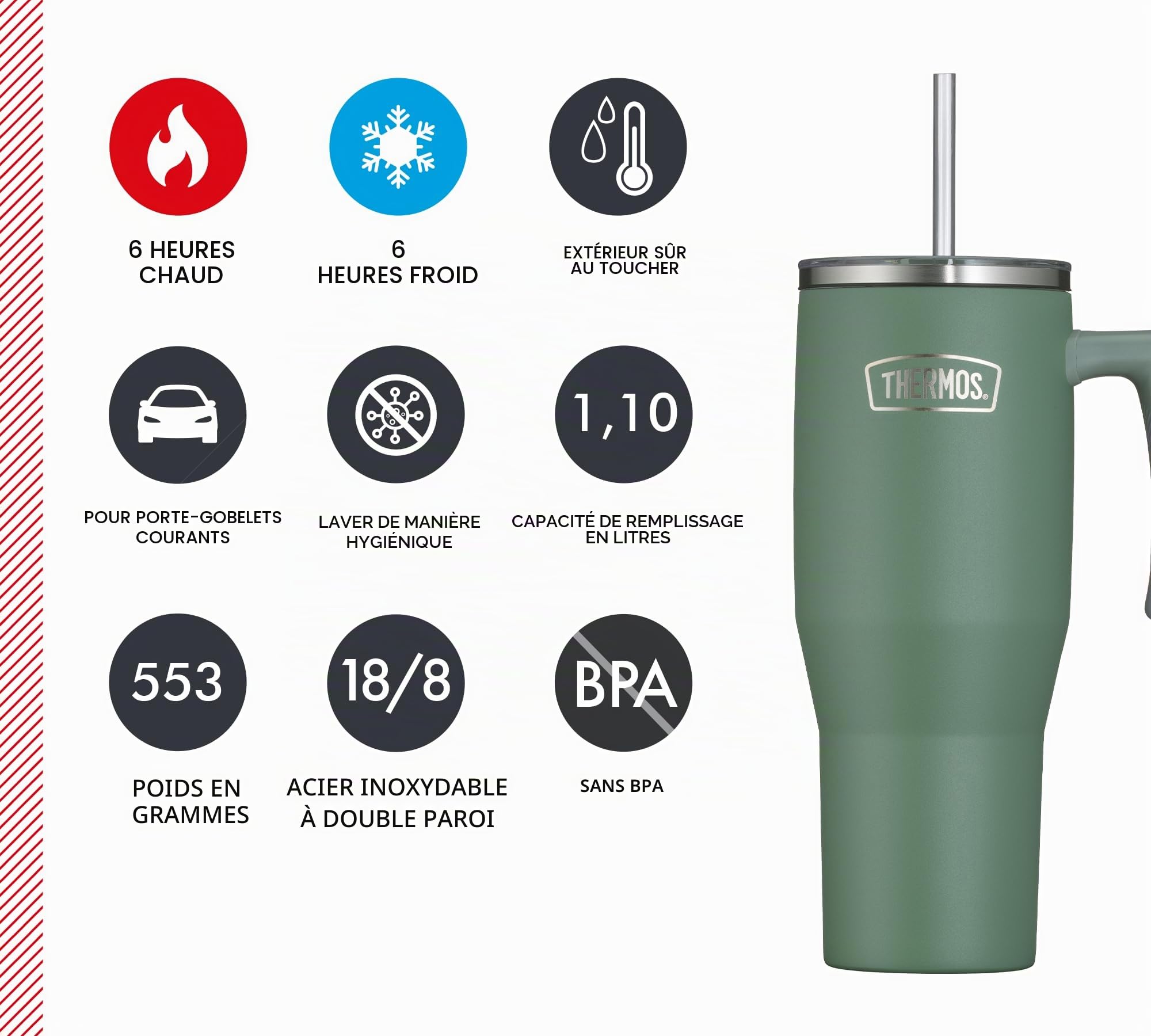 Thermos REFRESHING SERIES - Gobelet isotherme - 1,1 l - Vert mat - Avec paille et poignée - Pour les déplacements, le travail ou la maison - Double paroi en acier inoxydable neutre au goût