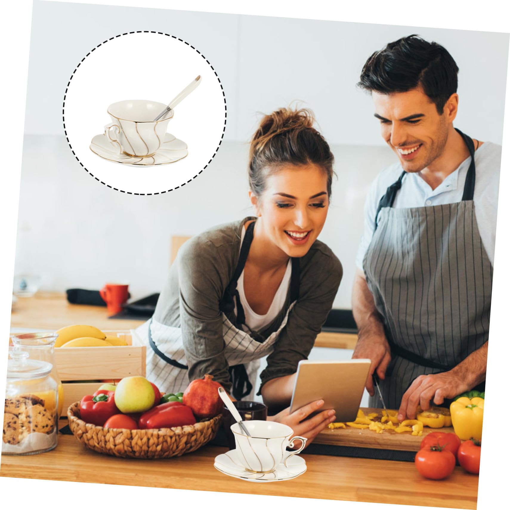 Gatuida Tazas de Café y Té de Elegante con Dorado Set de Taza Plato y Cuchara Resistente y Fácil de Limpiar para Hogar y Oficina
