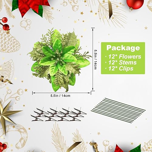 Miniatura 38 de 12 piezas de flores de Pascua artificiales de Navidad con clips y tallos, decoraciones de Navidad con purpurina para adornos de árbol de Navidad