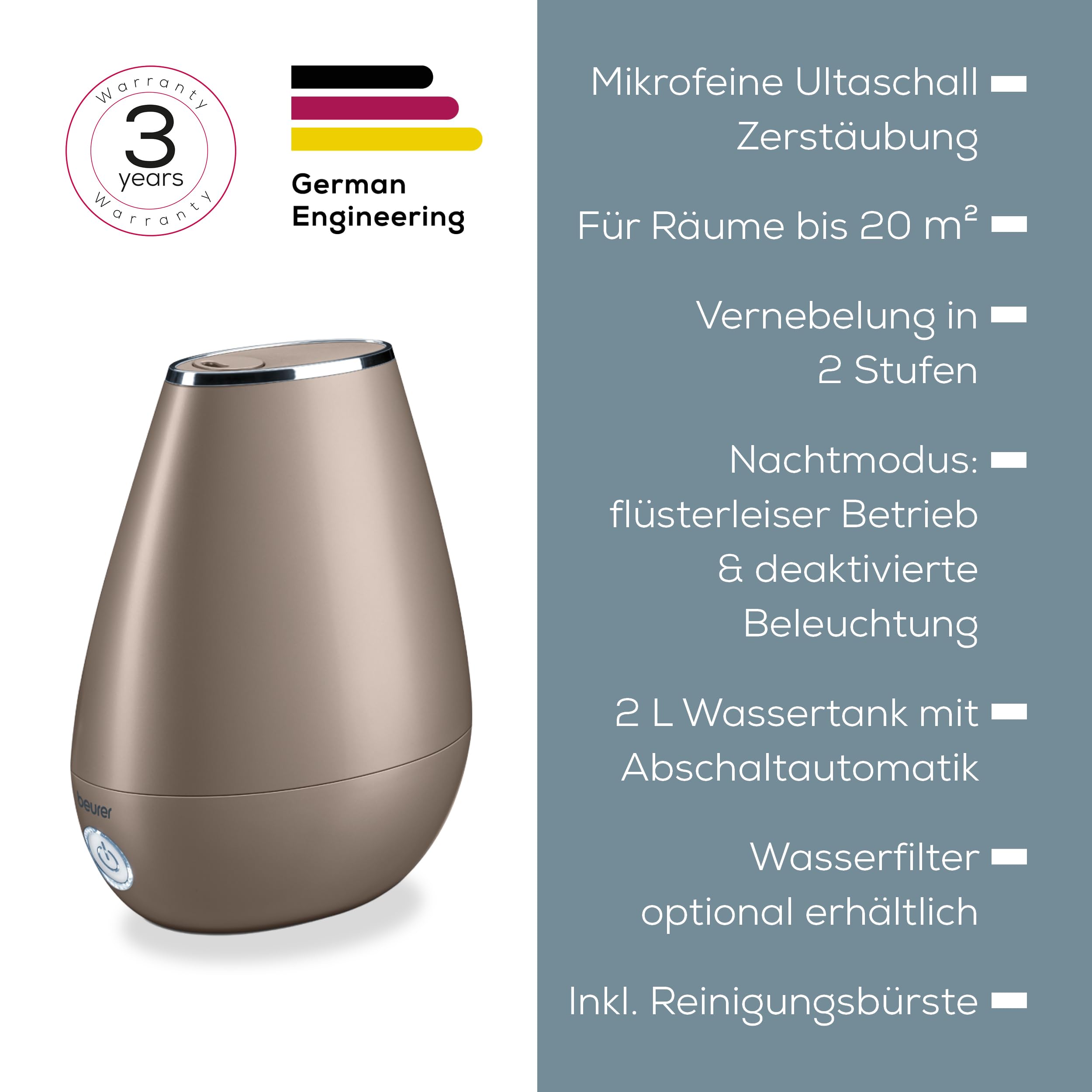 Beurer LB 37 Luftbefeuchter mit Ultraschall-Zerstäubung, Aroma Diffuser, 2L Tank, bis 20 m², toffee