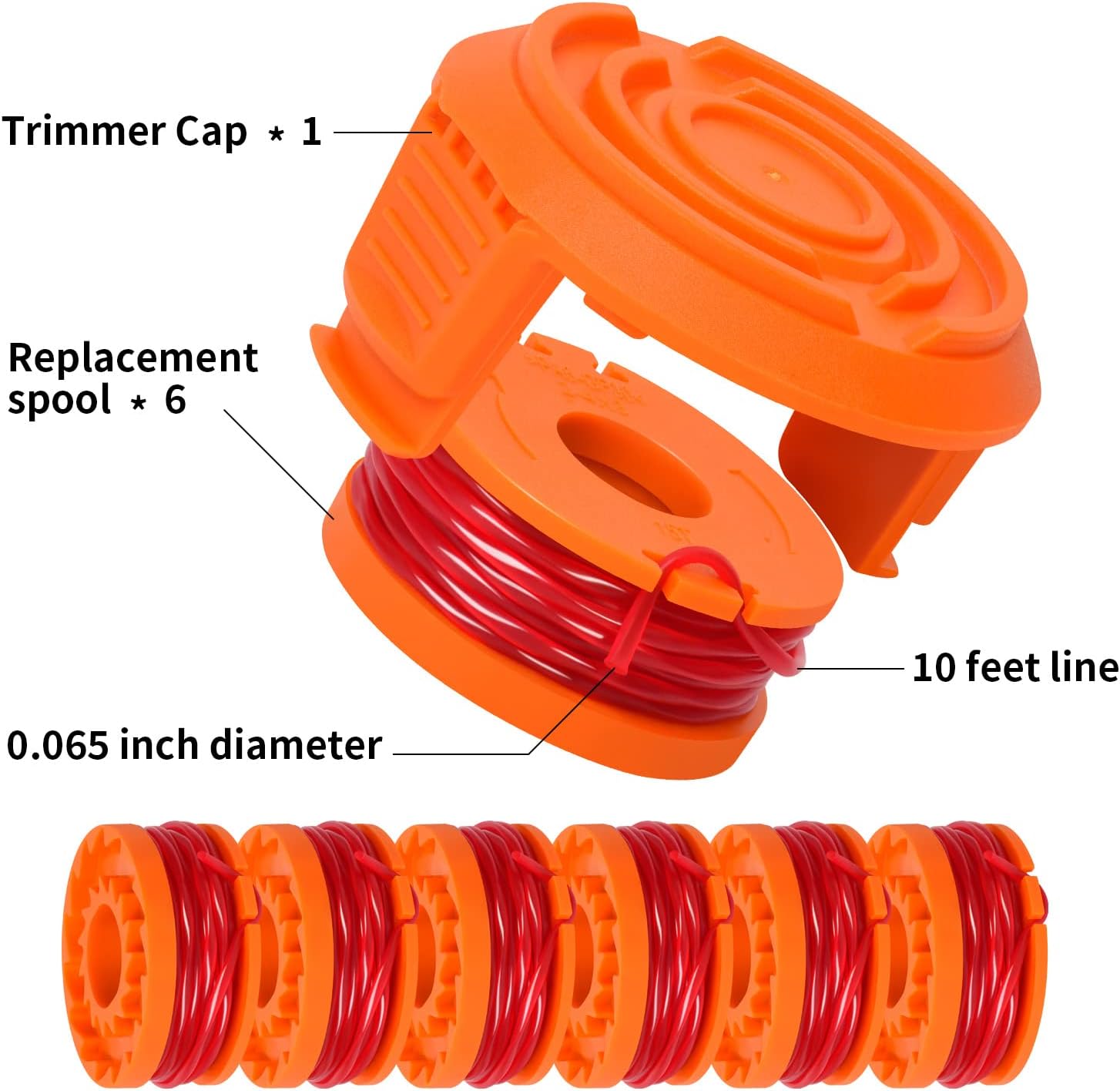 Generep Weed Eater String Replacement Trimmer Line for Worx WA0010 WG180 WG163 Spools,10 ft/0.065 Inch Trimmer String Refills Parts,WA6531 GT Spools Cap Cover(6 Spools, 1 Caps)