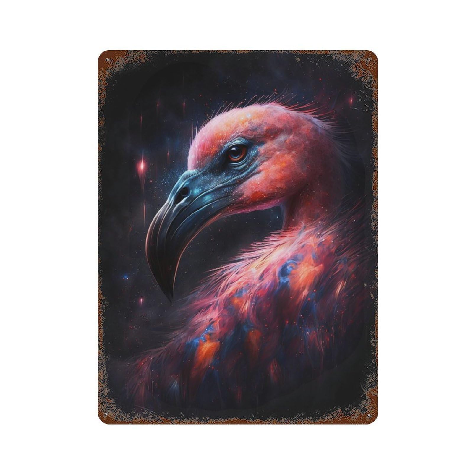 Cosmic Flamingo Portrait Aged Metal Wall Plaque 15.7"x11.8", Industrial Home Decor for Garage, Pub Or Kitchen