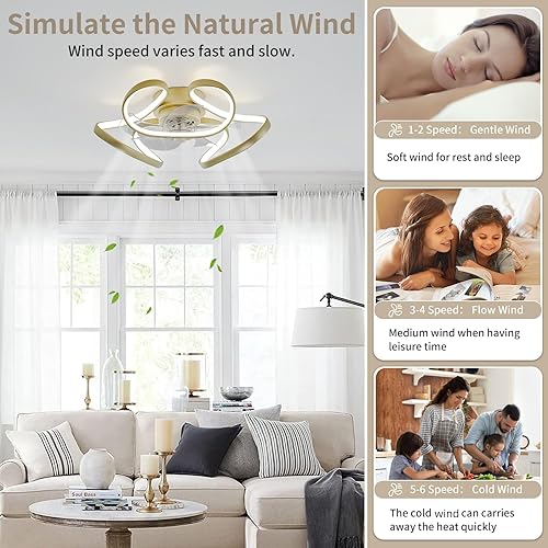 Vista 4 de Flower Gold Low Profile Ceiling Fan with Lights,Modern Flush Mount Bladeless Pendent Chanderlier,Stepless Dimming 3 Colors LED Light,20" Indoor