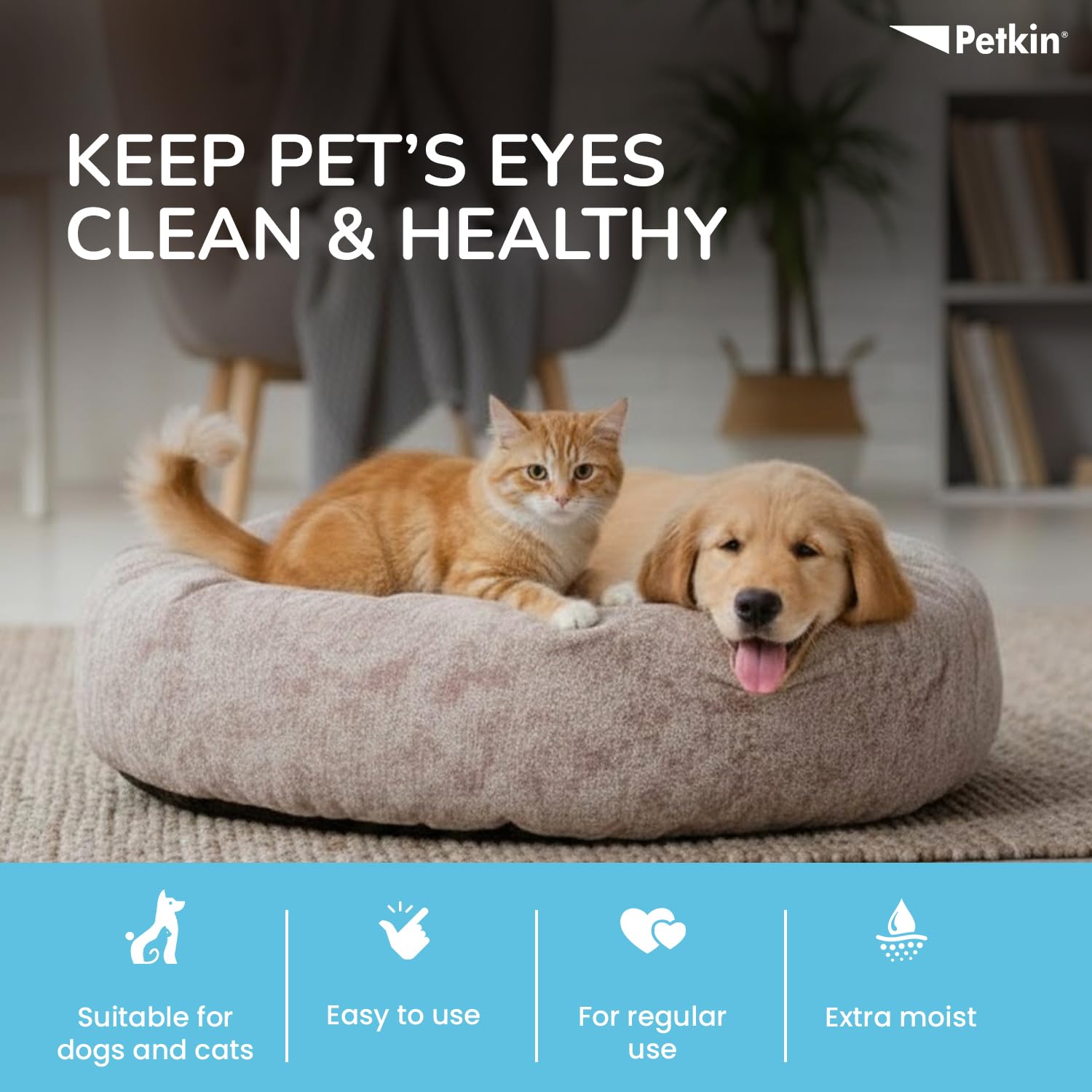 Petkin Plant Based Eye Wipes are a Gentle and Effective Solution for maintaining Your pet's Eye Hygiene. 80 Wipes 18 cm x 12 cm 3