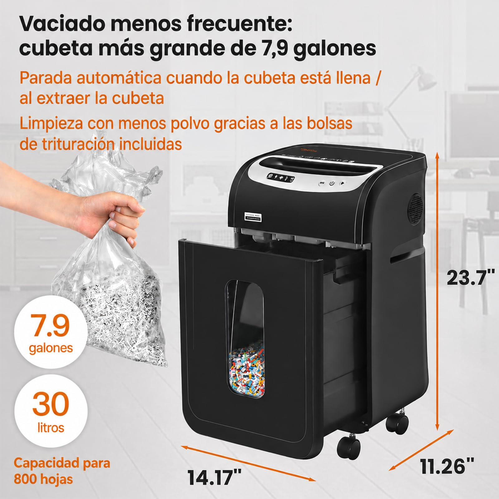 VidaTeco Trituradora de Papel Microcorte (P4) de 18 Hojas 30 l y 4 Ruedas | Destructora de Papel Shredder con una Autonomía de 60 Minutos,Destructora CD y Tarjetas de Crédito para oficina