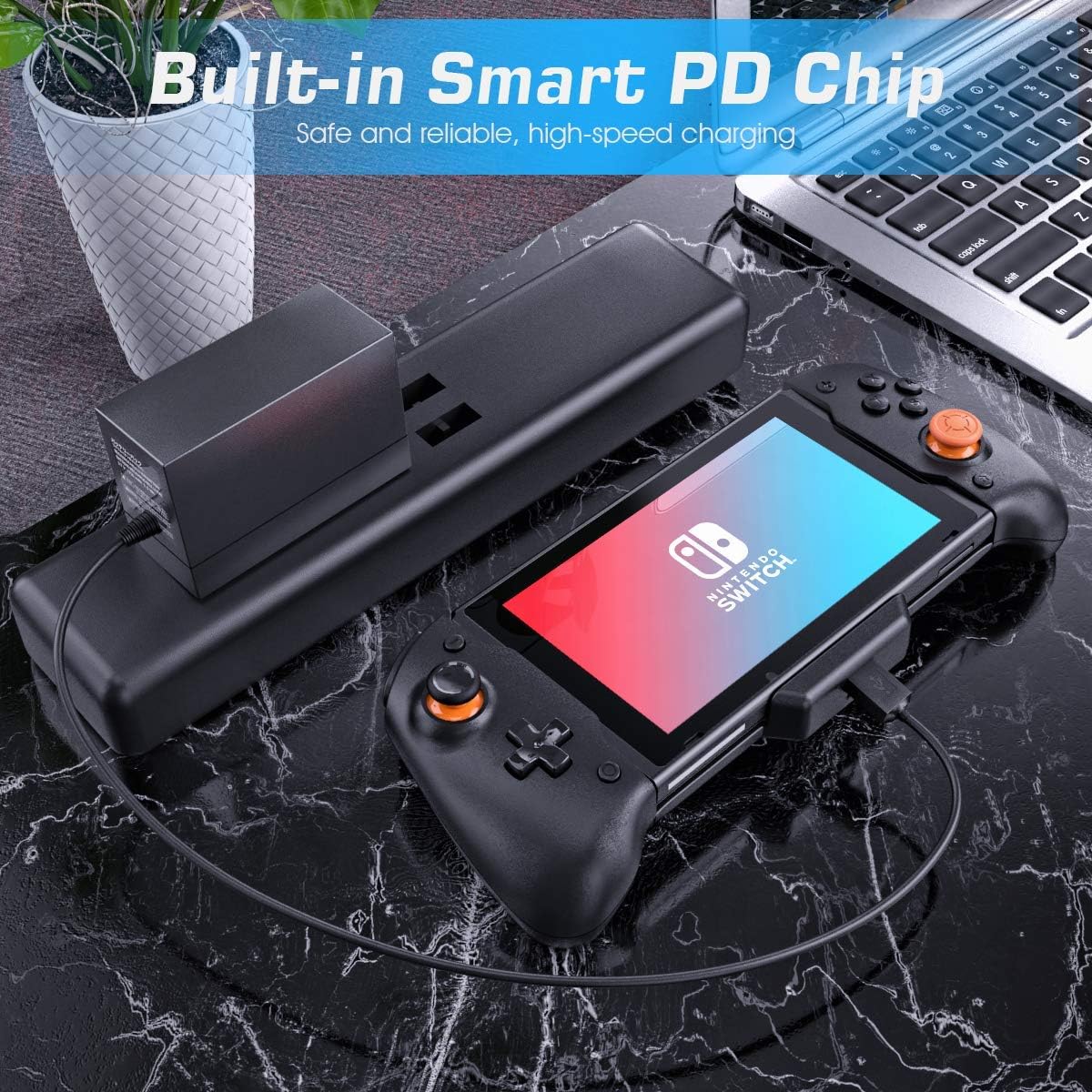 Nintendo Switch in OIVO grip connected to a charger via USB-C, demonstrating the built-in Smart PD Chip for high-speed charging.