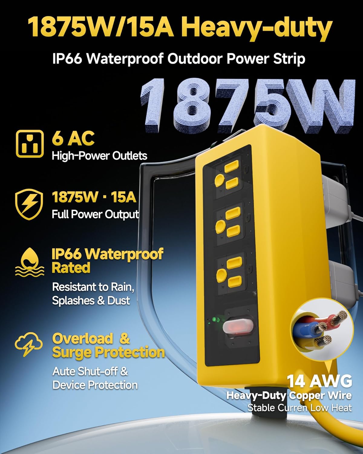 Outdoor Extension Cord, 6 Wide Outlets, 1875W/15A, 25FT 14AWG Heavy Duty SJTW Power Strip with Surge Protector, All-Weather & IP66 Fully Waterproof, Ideal for Patio, Garden, Pool, RV, Black