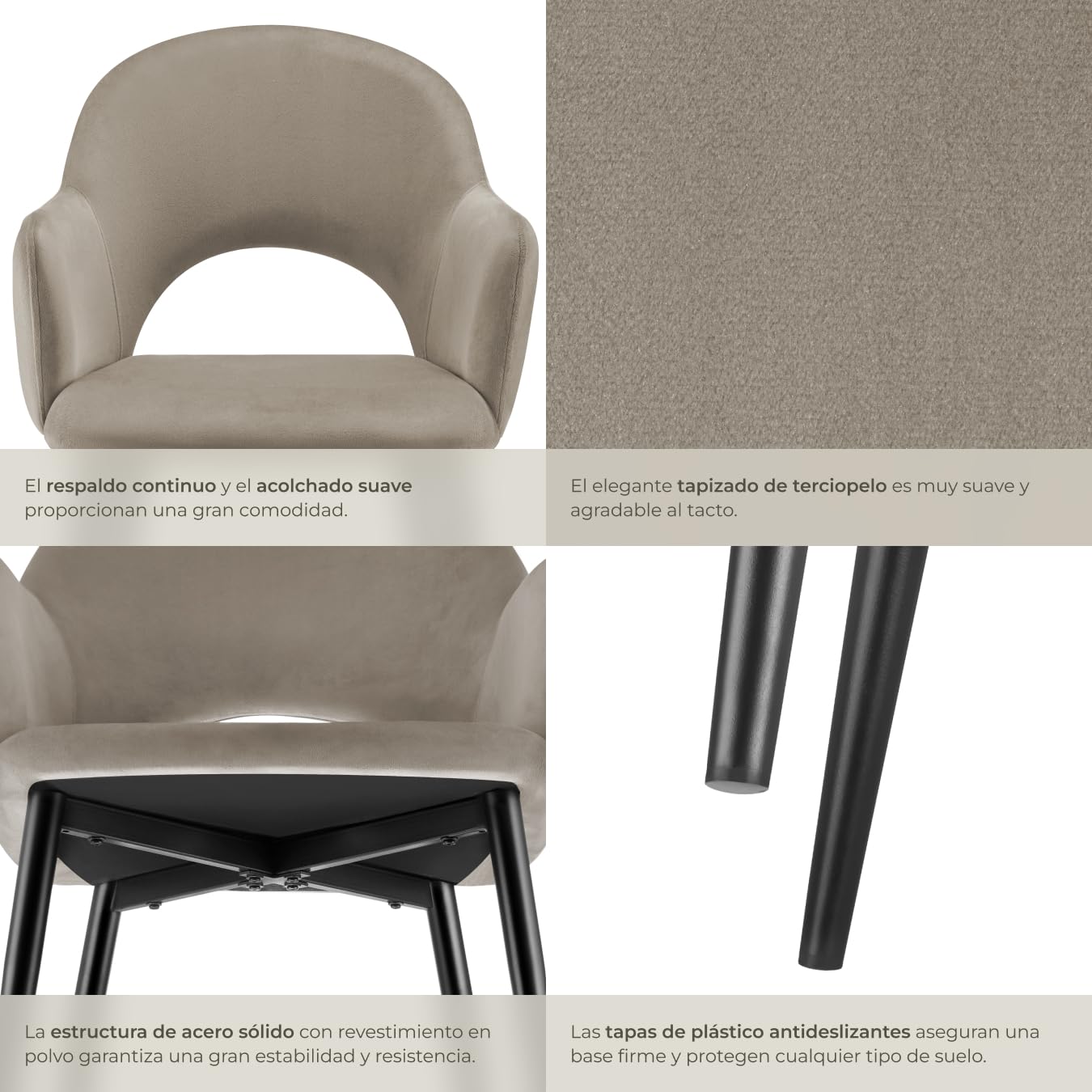 tectake® sillas de Comedor Elegantes, Terciopelo, Silla Comedor nordica, Silla de Cocina Acolchada con reposabrazos, sillas Comedor Modernas con Patas de Acero Antideslizantes - 4 Sillas Gris Topo