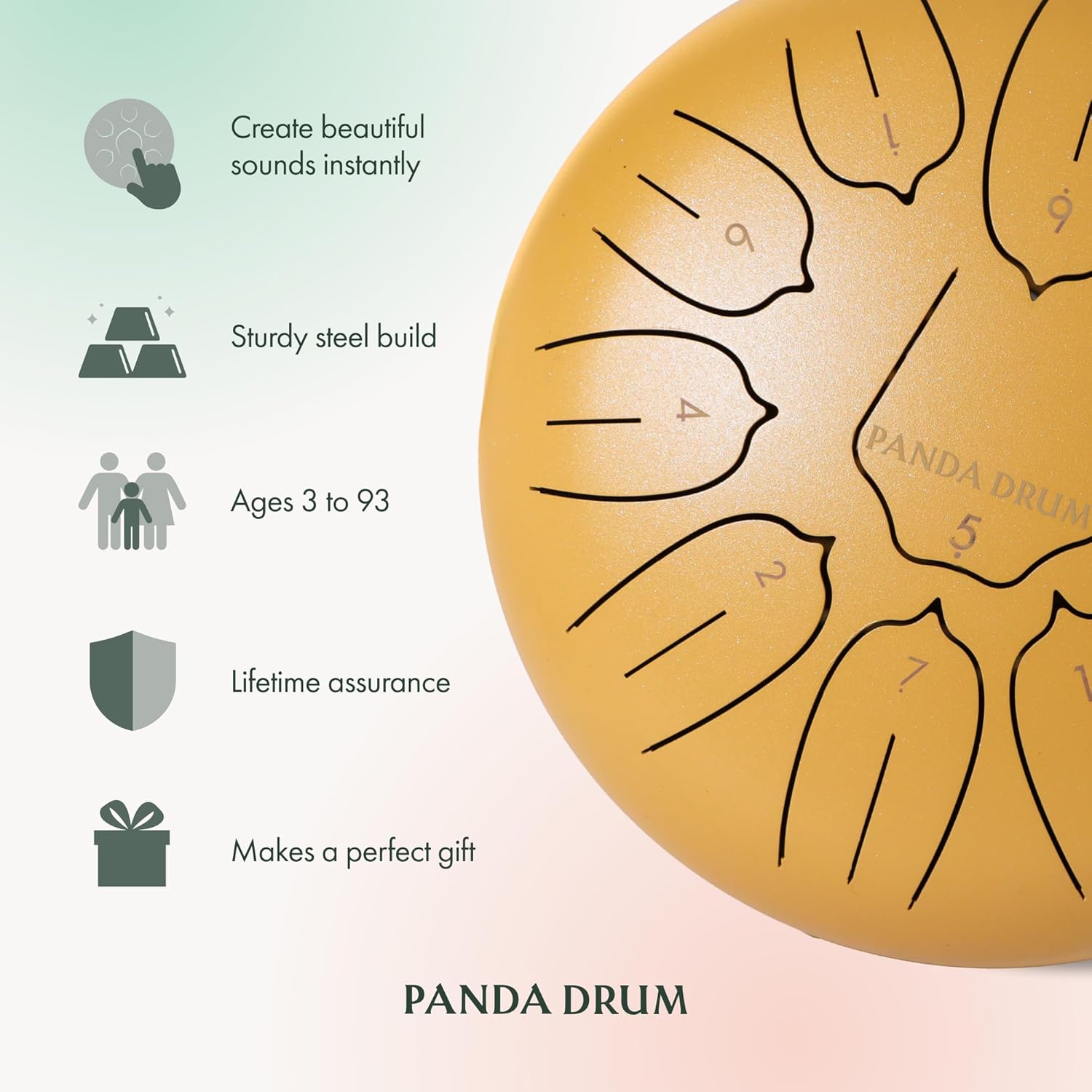 Panda Drum Plus (Sandstone) | Steel Tongue Handpan with Music Book, Mallets, Carrying Bag, Finger Picks | 11 inch, 432 Hz | Rain Drum for Inside, Outside | Calming Musical Instrument for Adults, Kids