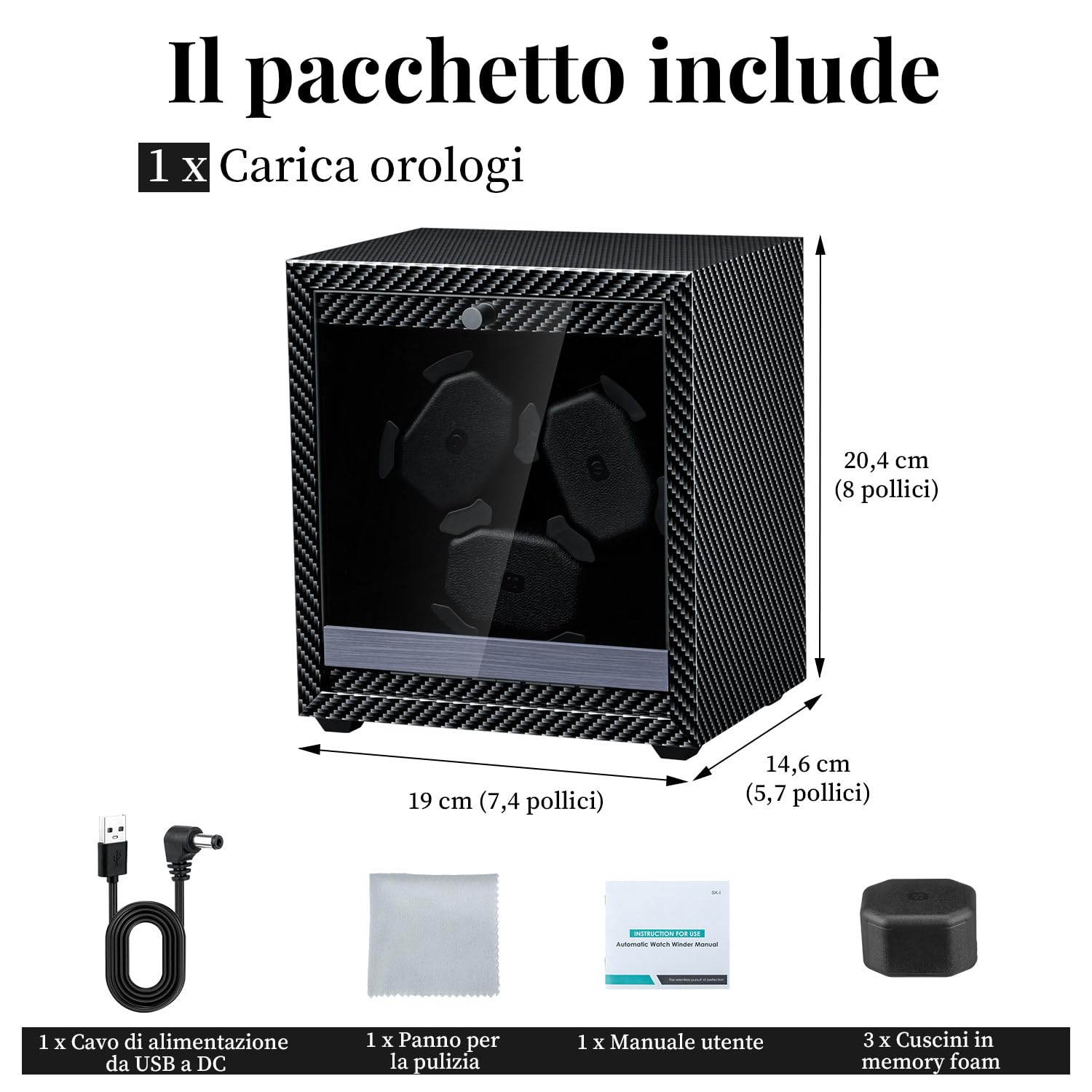 Mcbazel Scatola Per Carica Automatico Per Orologi Ultra Silenziosa, 4 Modalità di Rotazione con Luce LED Blu, Scatola Programmabile per 3 Orologi, Custodia Per Orologi Alimentata da USB con Foam