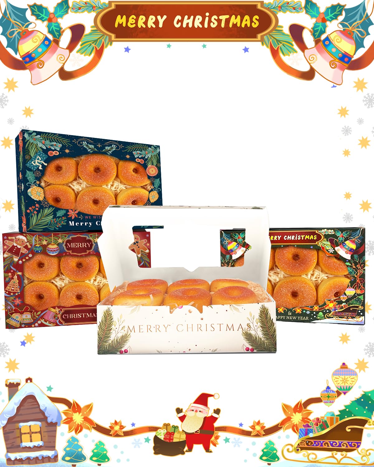 qiqee Scatola per biscotti di Natale con finestra, 22,9 x 15,2 x 6,3 cm, 50 pezzi, per pasticceria, macaron, stile retrò, per Natale