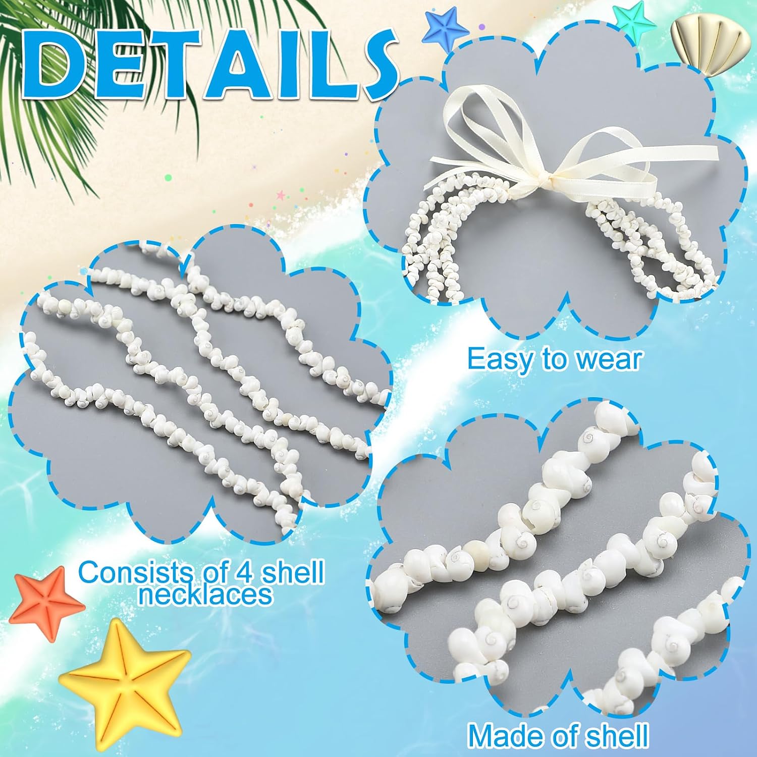 Tondiamo 3 Pcs Hawaiian Shell Lei Necklace with Bow for Women Luau Party image 3