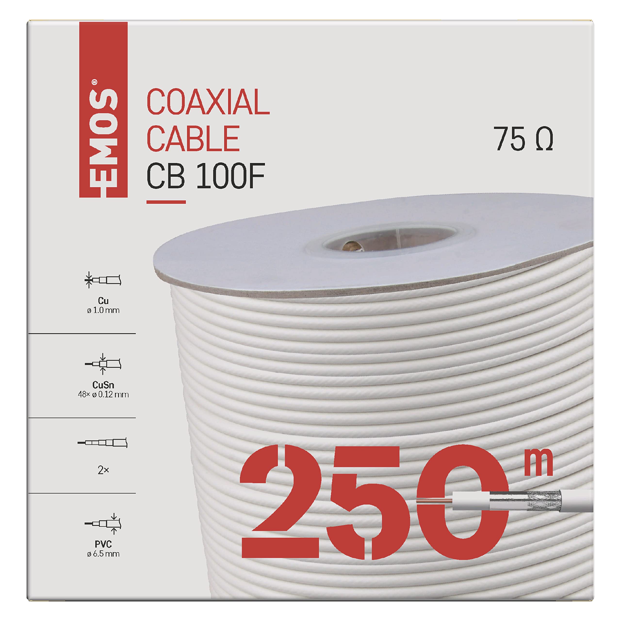 EMOS Cavo antenna 250 m, bianco, cavo TV, cavo coassiale a doppia schermatura, misura 75 dB, resistenza 75 Ohm