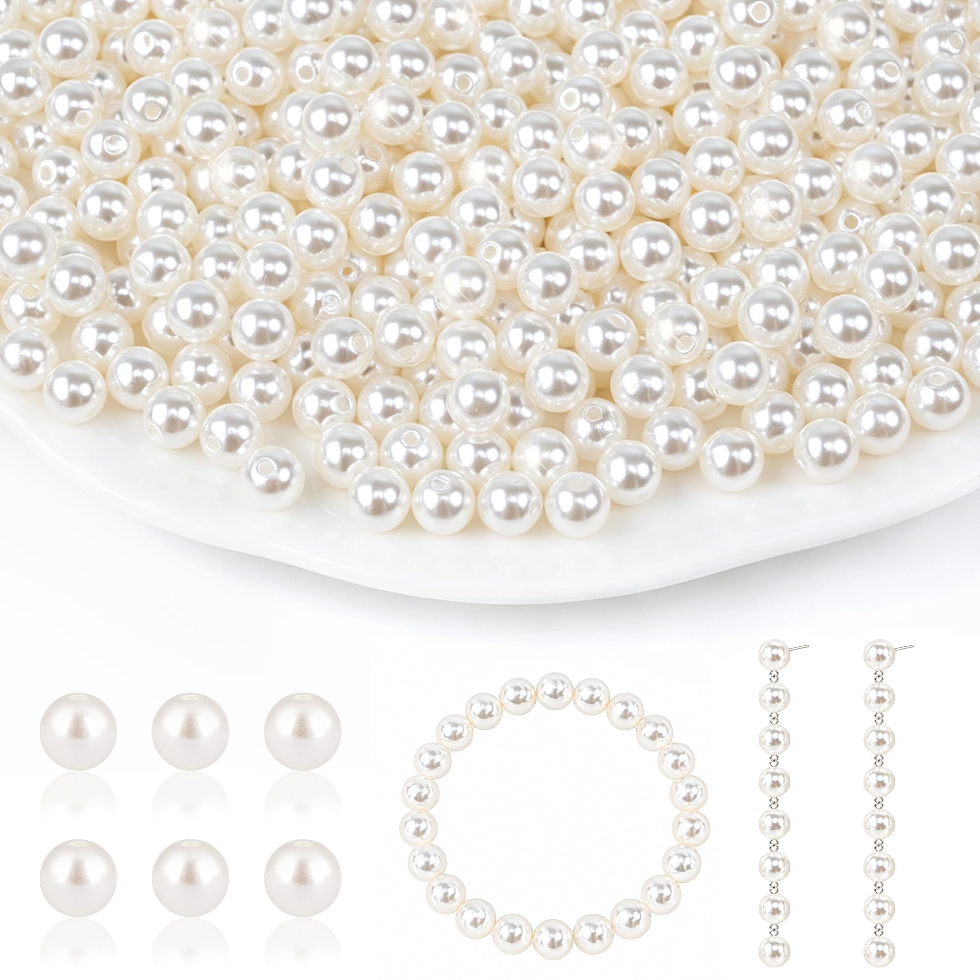 500Pcs Pearl Beads 8mm Round Pearl Beads with Hole for Bracelet DIY,White