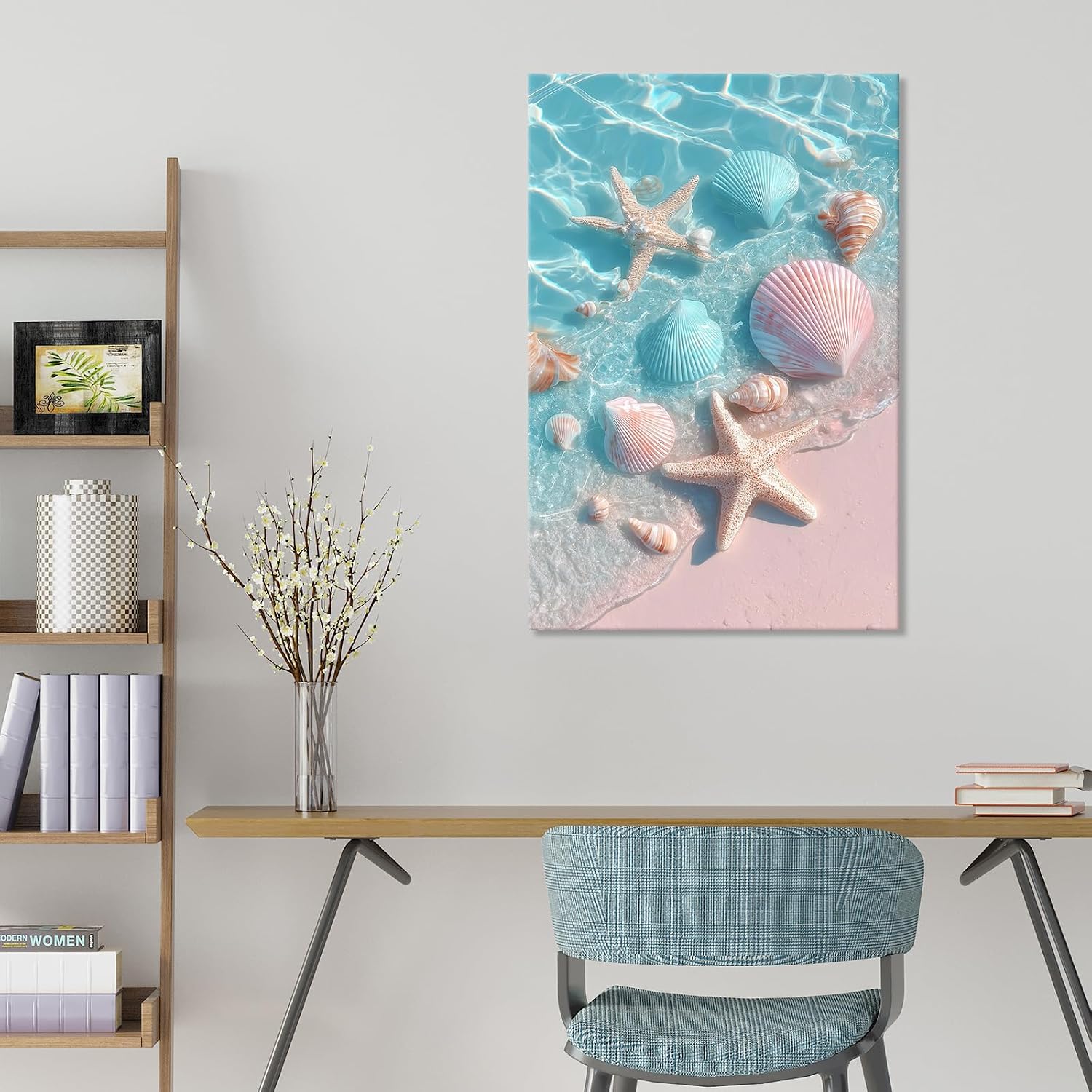 llribbons Bathroom Decor Sea Shells Starfish Canvas Wall Art Dreamy Coastal Seascape Painting Blue Ocean Pink 3D effect Prints for Bedroom Living Room Beach House Home Decor Ready to Hang 12" x 18"