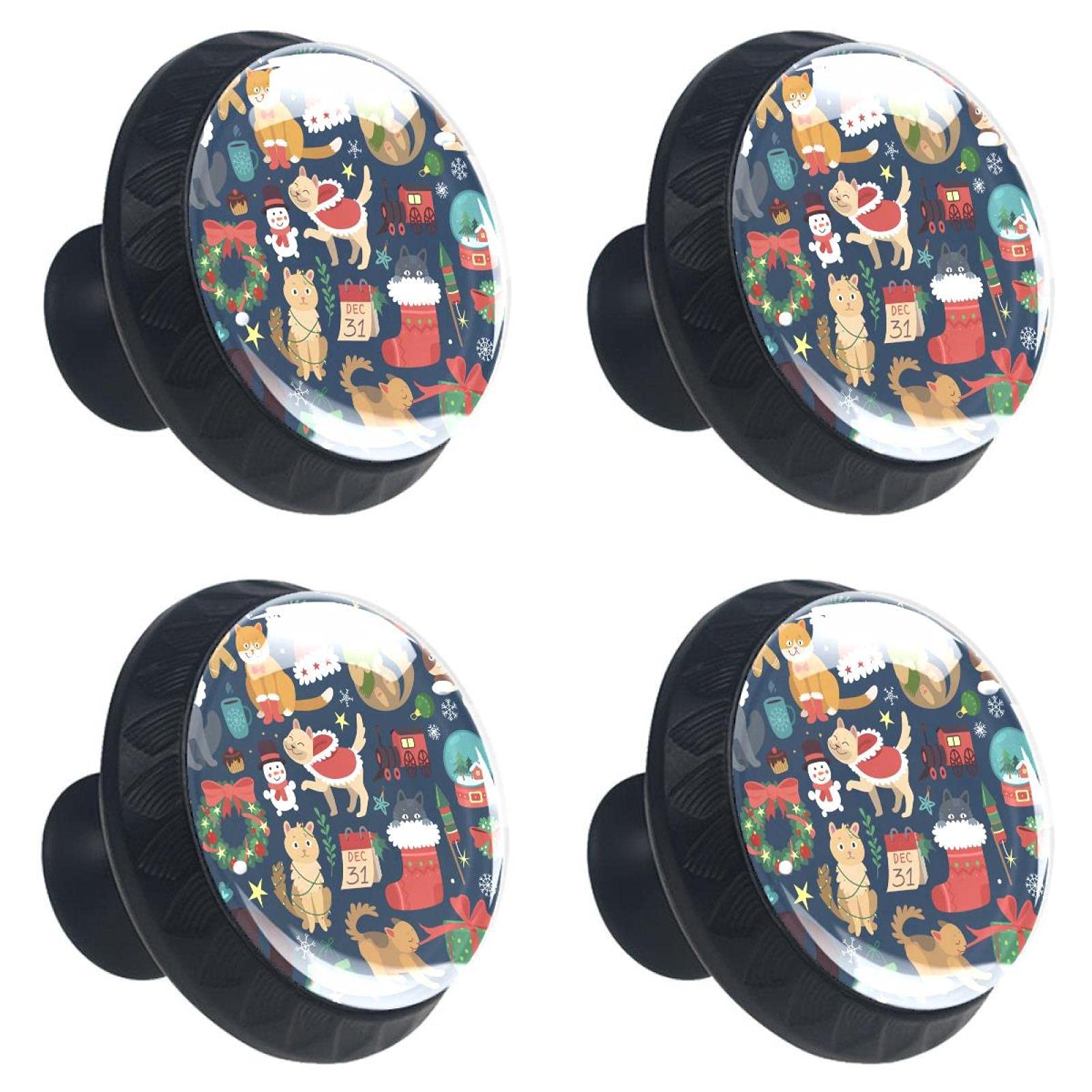 Boutons de tiroir en cristal motif chat de Noël pour poignée de meuble