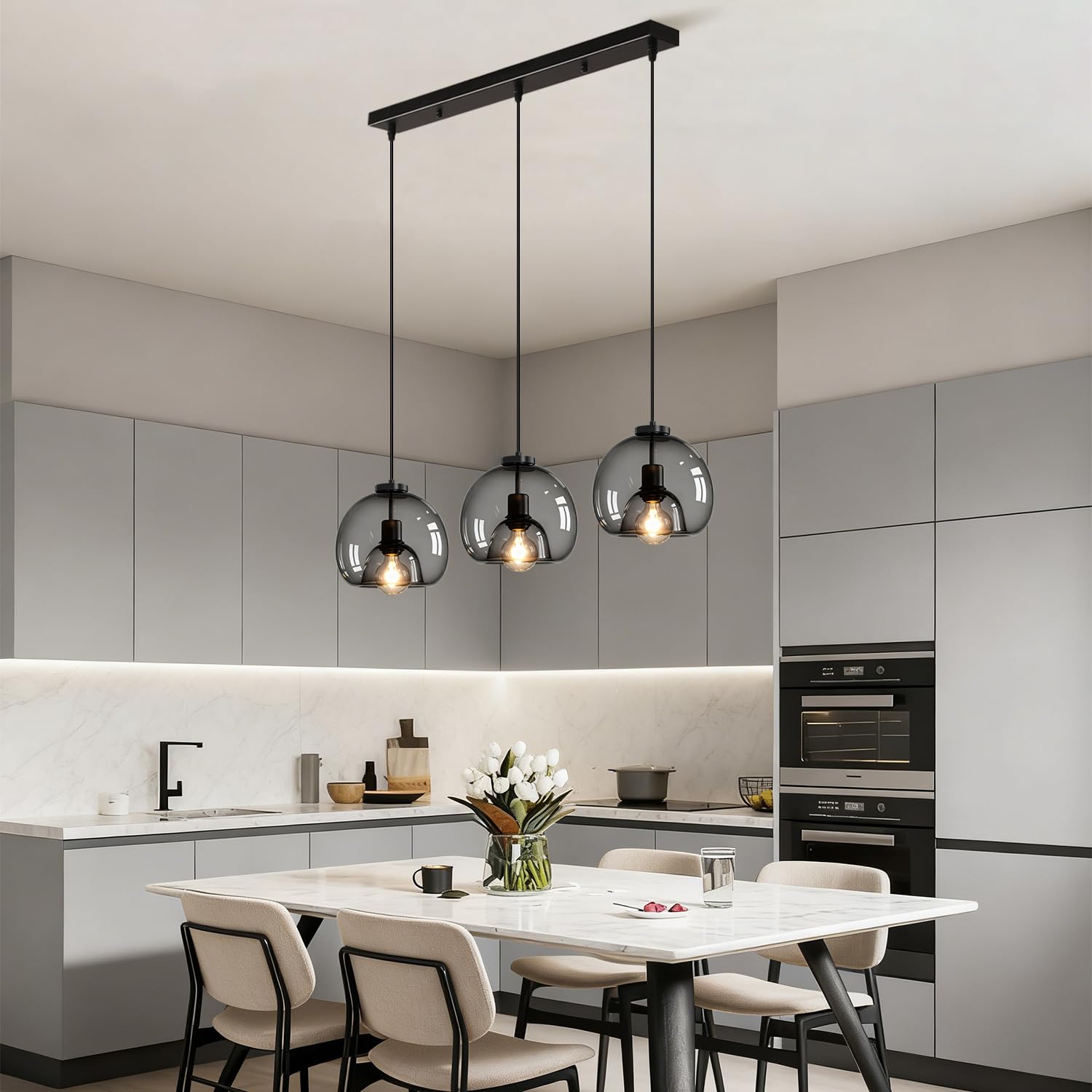 Lampada a Sospensione in Vetro Vintage, 3 luci Lampadario da Soffitto Cucina E27, Paralume Vetro Trasparente Nero, Bianco Caldo 3000K Altezza Regolabile per Camera da Letto, Sala Da Pranzo, Kitchen