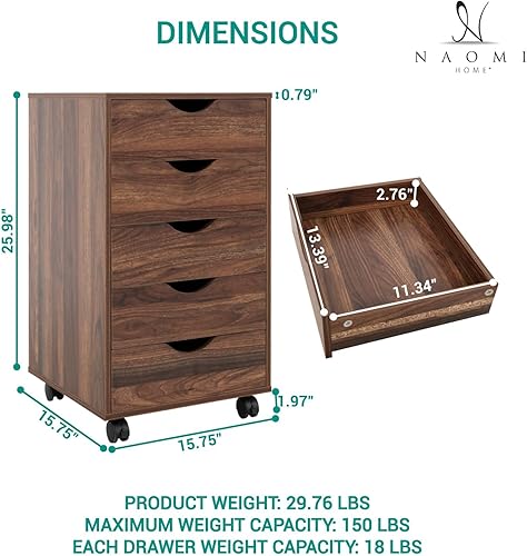 Miniatura 164 de Naomi Home Cómoda de 5 cajones para dormitorio, alta y elegante, con ruedas y estantes de almacenamiento, pequeña para guardarropa, para maquillaje,