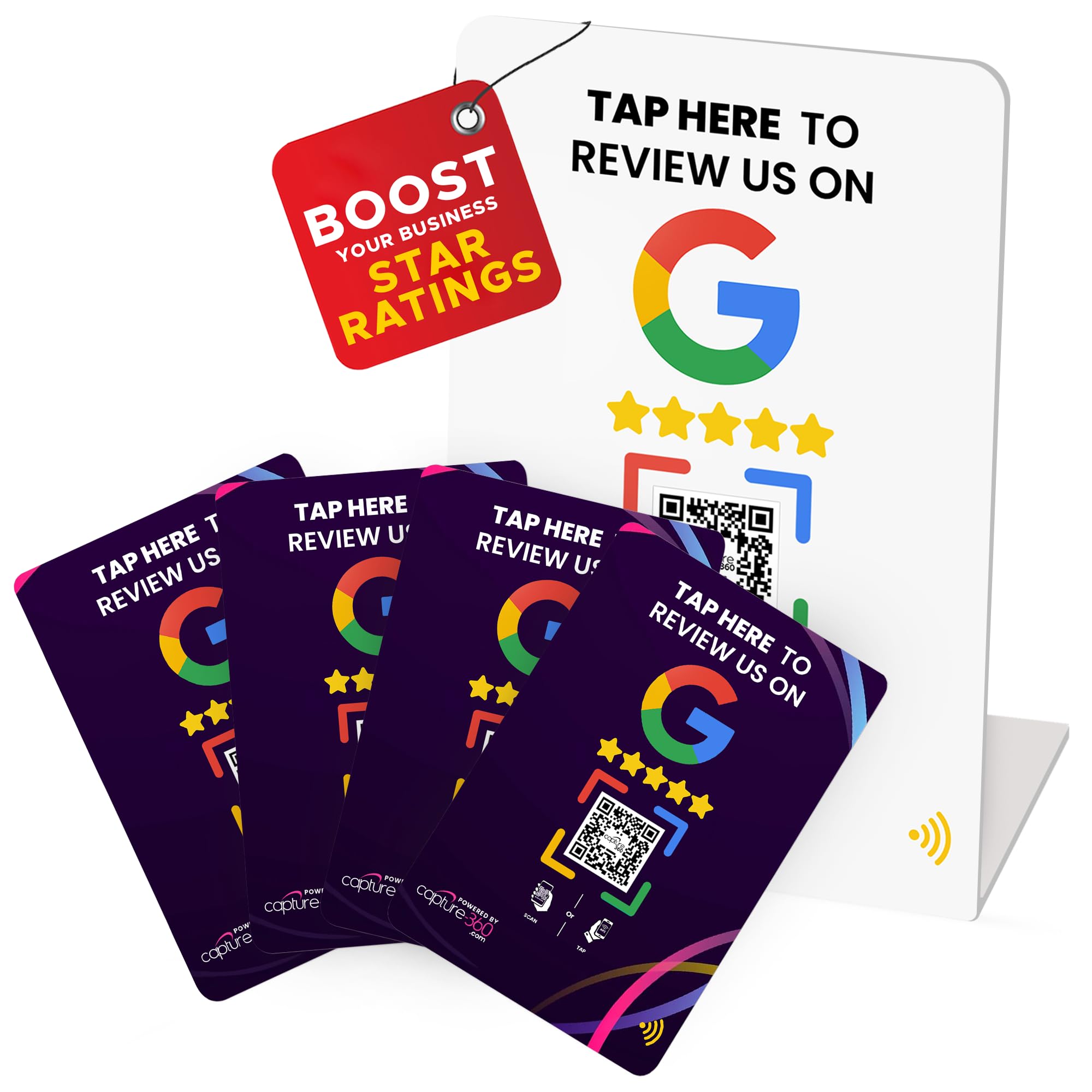 Capture 360 NFC Google Review Stand & Google Review Cards - Boost SEO, Enhance Online Reputation, Easy Setup, Time-Saving, Effortless Review Collection - 1 Stand, 4 Purple Cards