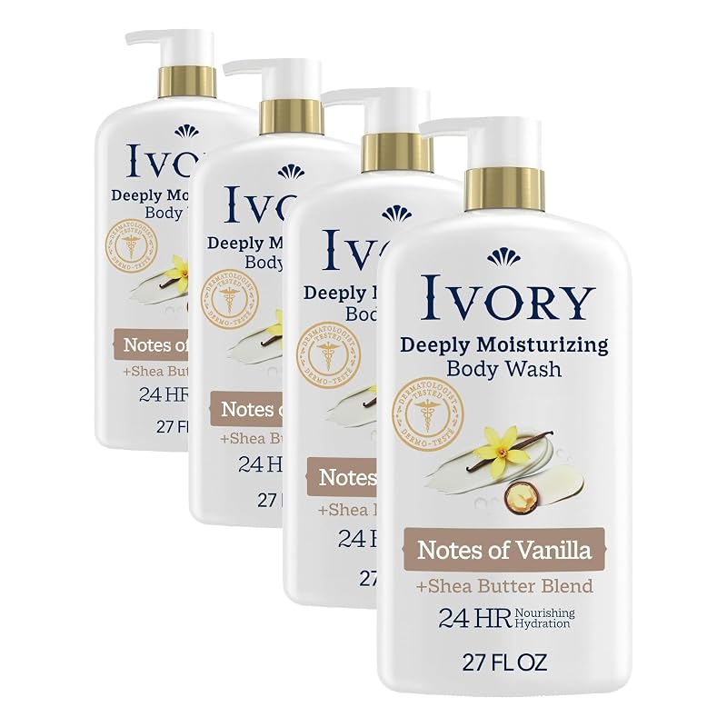 Ivory Sabonete Líquido Corporal com Manteiga de Karité e Fragrância de Baunilha, 27 fl oz, Pacote com 4