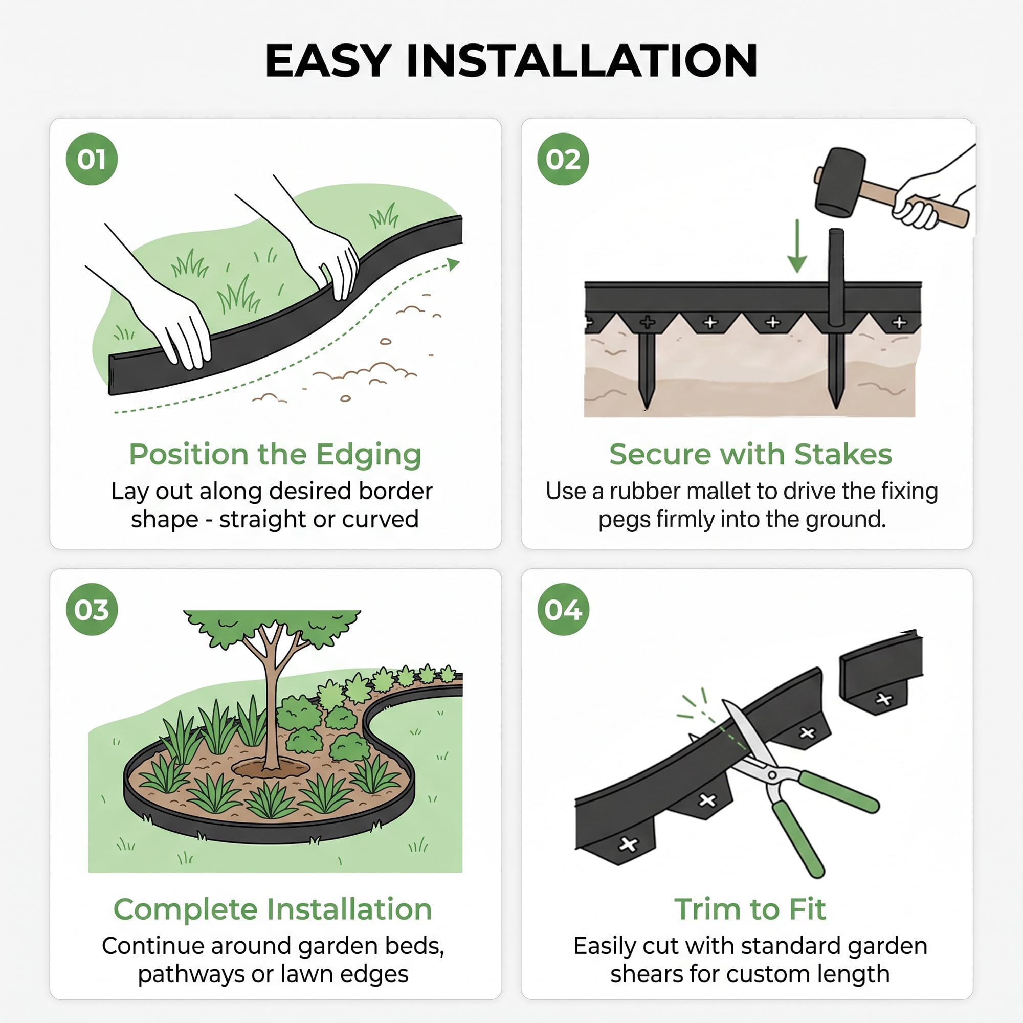 Bordo Giardino Flessibile in Plastica, Bordura per Giardino Nero, Lunghezza 10 metri, Altezza 4 cm Bordi per Aiuole Flessibile + 50 Chiodi di Fissaggio