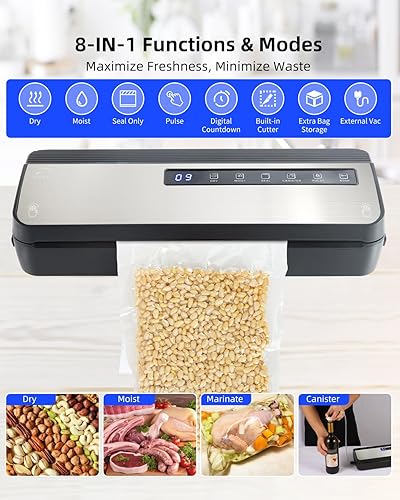 Miniatura 3 de Máquina selladora al vacío para alimentos, 80KPA Potente sellador automático de alimentos 8 en 1 con modos seco y húmedo, almacenamiento de bolsas,