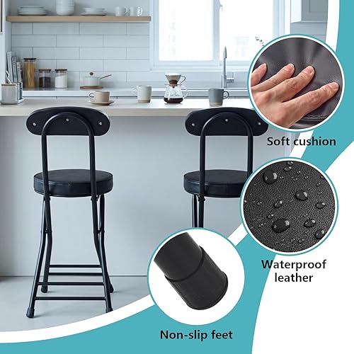 Miniatura 6 de Taburete plegable, taburete de bar plegable acolchado acolchado, 18 pulgadas de altura negra, taburete portátil resistente con capacidad de 300