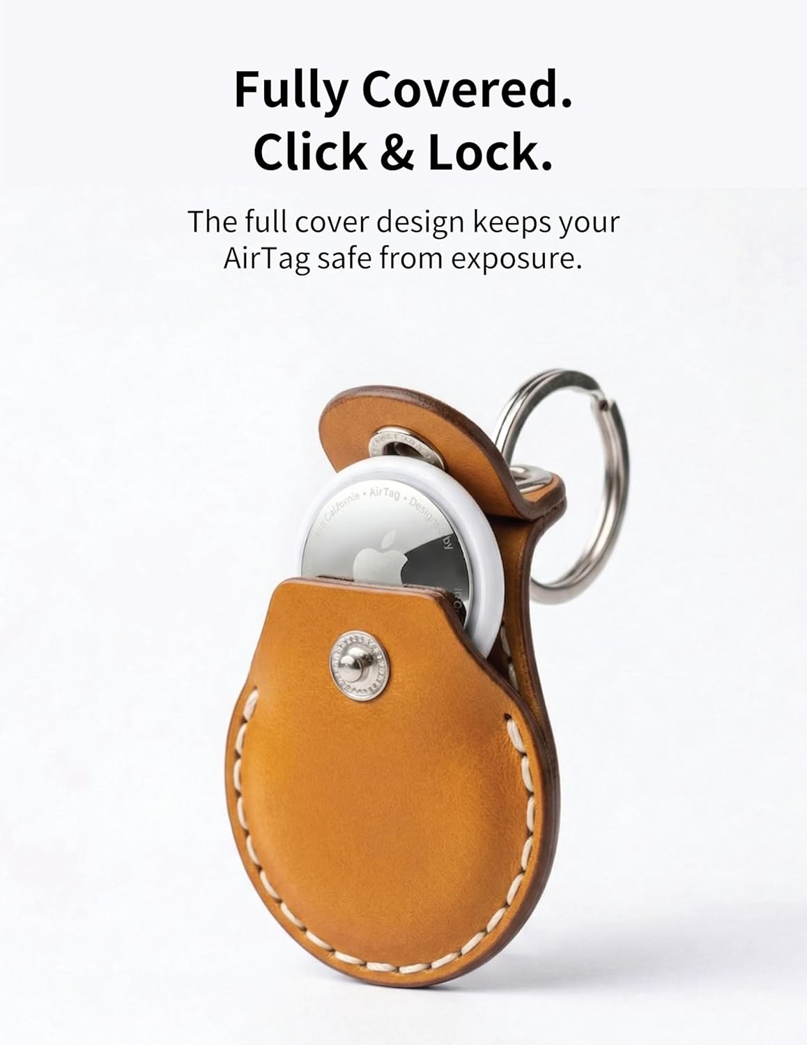 VogDuo Italy Genuine Leather Case for AirTag, keyring wrist lanyard Holder Protect Cover Scratch Resistance (Tan)