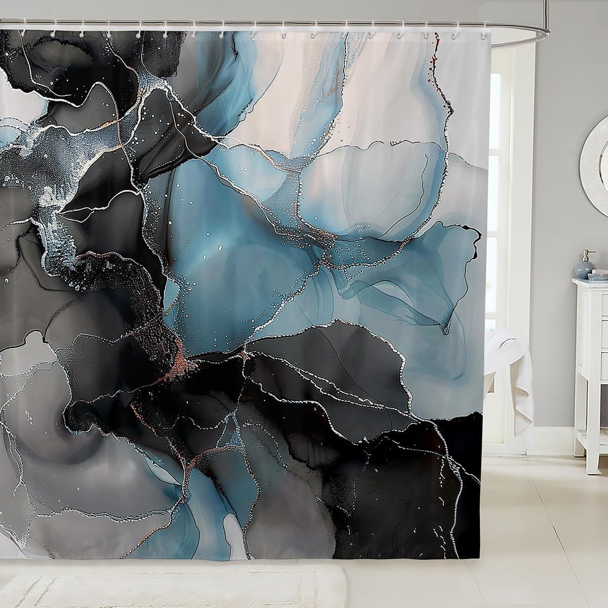 Black Purple Marble Bath Curtain Watercolor Aesthetic Shower Curtain, Abstract Marbling Waterproof Bathroom Curtain Stone Pattern Shower Accessories, Gold Metallic Bathtub Decor Girls Bathroom Decor