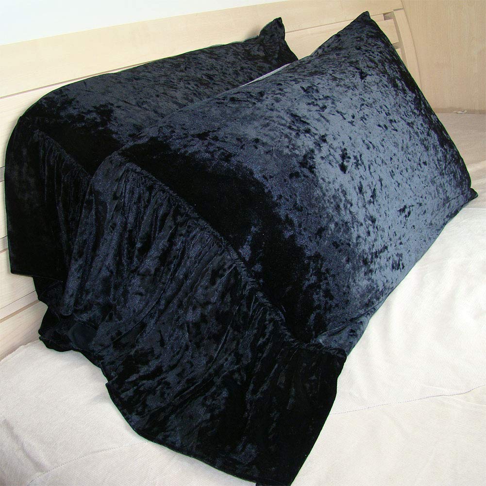 Velvet Ruffled Edge Mermaid Style Pillow Shams Shabby Chic French Country Pillow Cases Double-Sided Backed in Washed Cotton Standard/Queen Size Black (19x29inches)-Set of 2