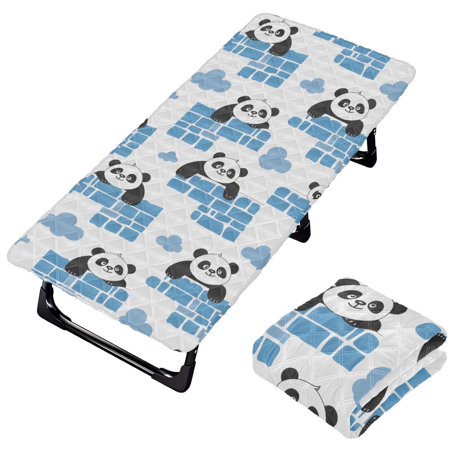 Portable Toddler Bed Sheet for Kids Panda and Blue Clouds and Blocks Travel Bed Fitted Sheet