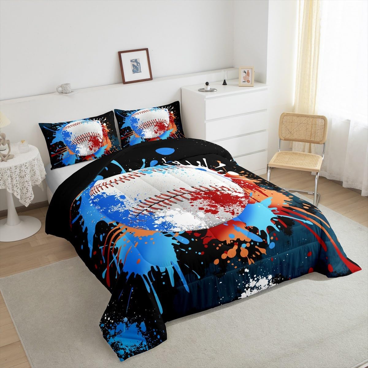 Feelyou Baseball Bedding Set Boys Full Size Blue Brown Tie Dye Comforter Set for Kids Teens Adult 3D Print Duvet Set Sport Ball Theme Quilt Set 3Pcs