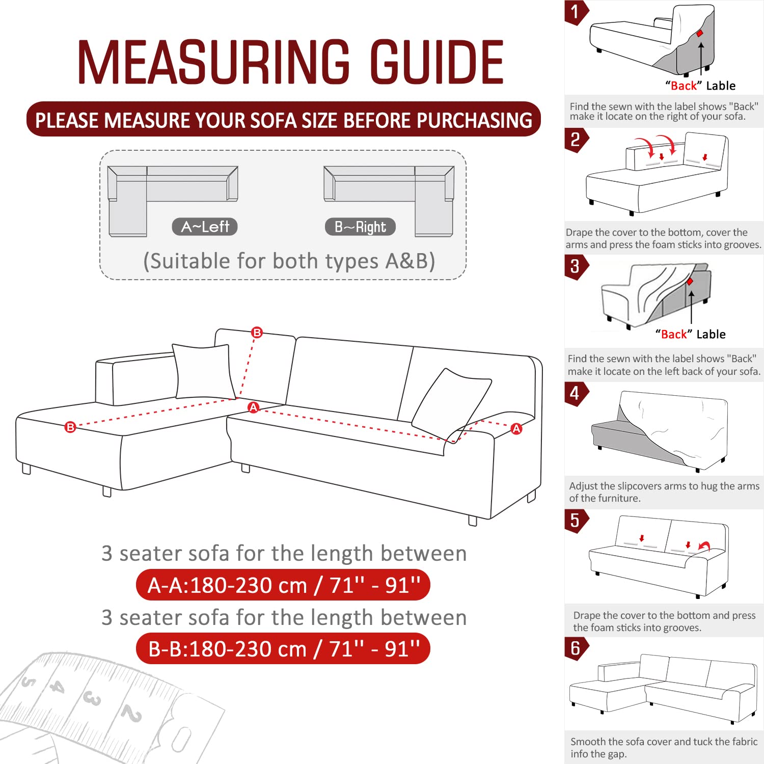 TAOCOCO Sectional Couch Covers 2pcs L-Shaped Sofa Covers Softness Furniture Slipcovers with 2pcs Pillowcases L-Type Polyester Fabric Stretch Couch Covers 3 Seater + 3 Seater (Christmas Red)
