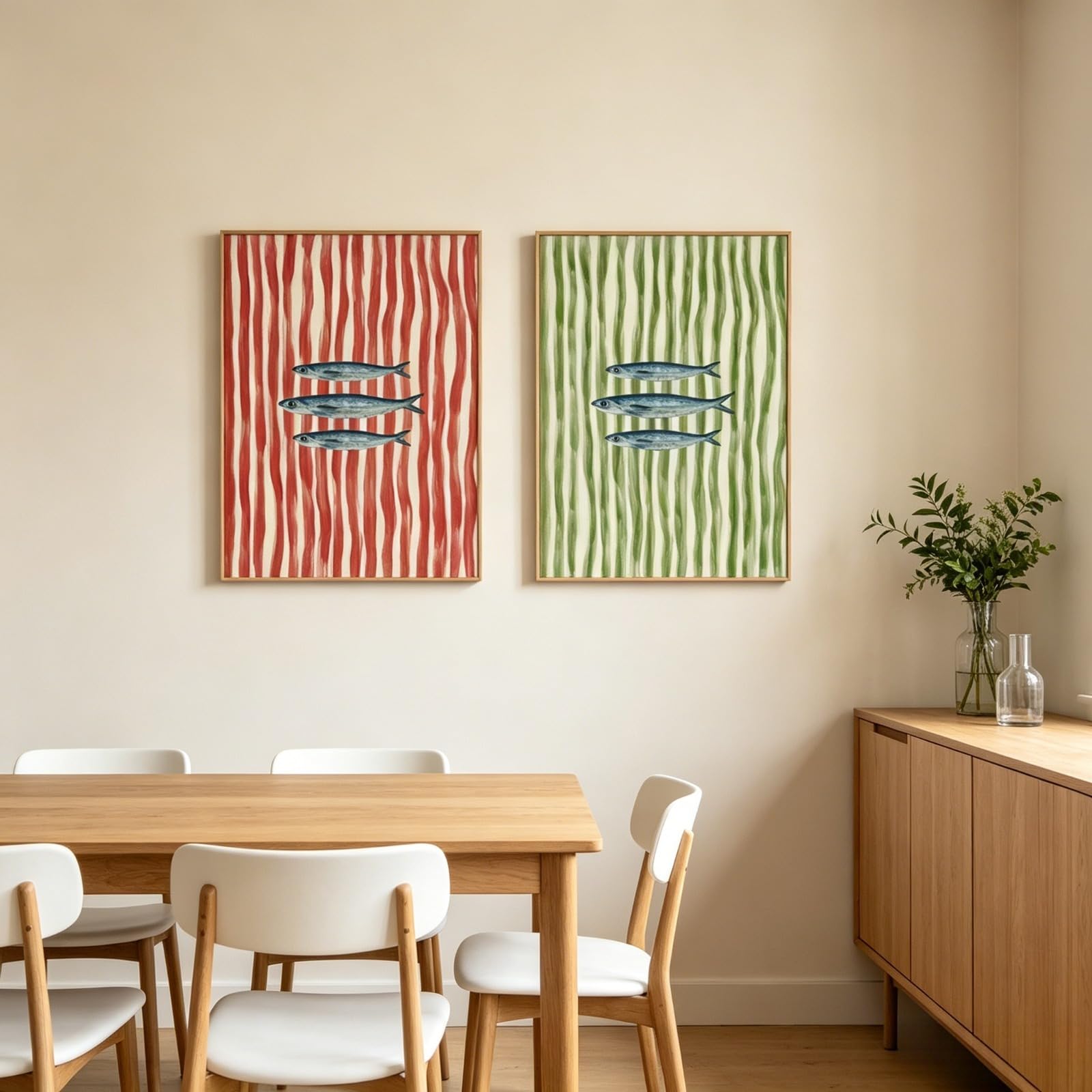 JORCEDI Set of 2 Posters,Vintage Cartoon Sardines Wall Art Prints,Green, Red Striped Seafood Abstract Art Painting,Nautical，for Living room, Kitchen and Dining Room,Unframed (21x30cm,Red Green)