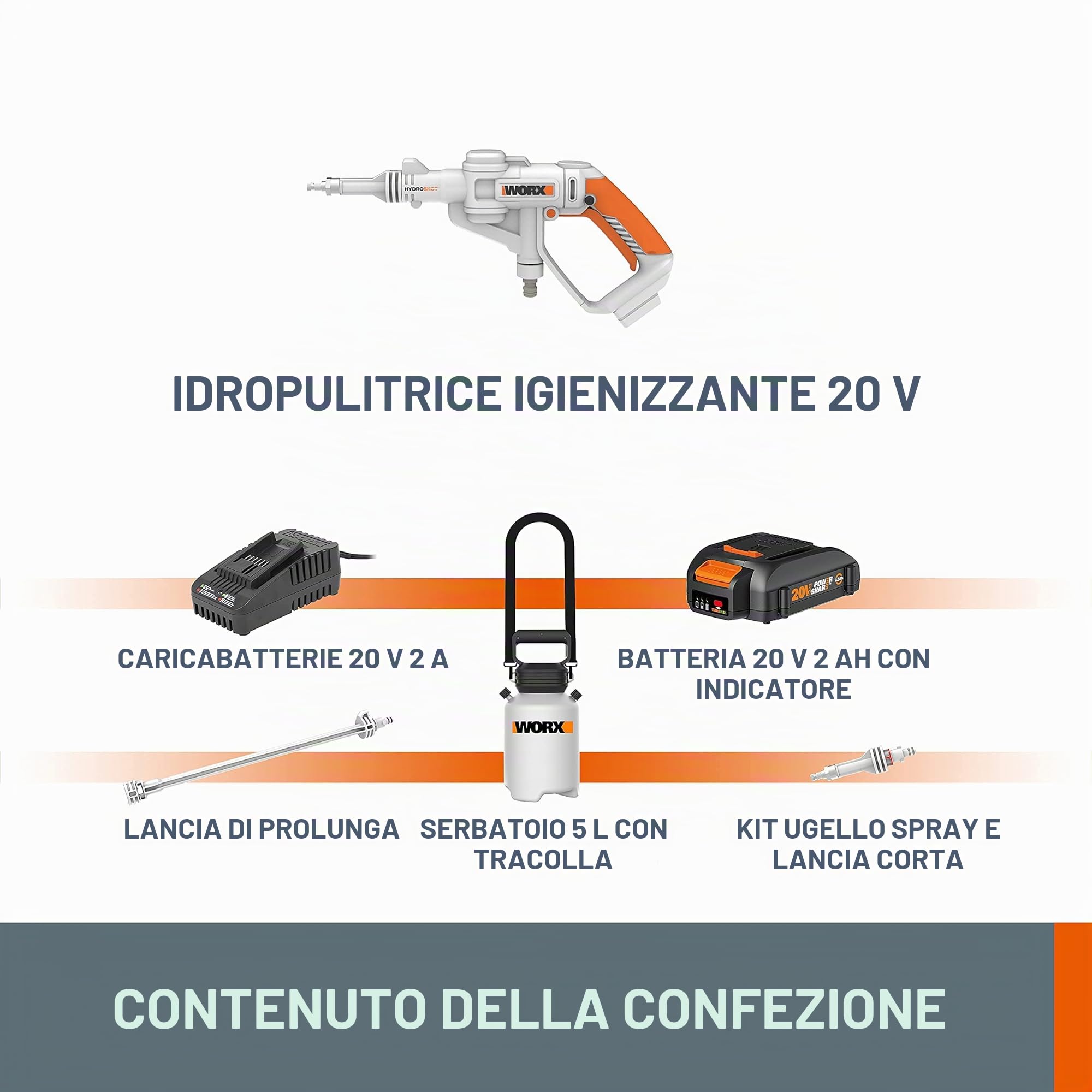 WORX - Spruzzatore di disinfezione Hydroshot senza fili 20 V - Ideale per disinfettare le superfici - Viene fornito con batteria, caricabatterie, lancia lunga, lancia corta, serbatoio 5L - WP651E