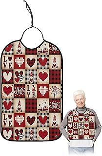 BOBOWUNY Valentine Love Heart Adult Bibs for Elder Women Men Eating, Red Checkered Gnomes Truck Waterproof & Washable Bibs for Eating Clothing Protector Dining Bibs for Crumb Catcher