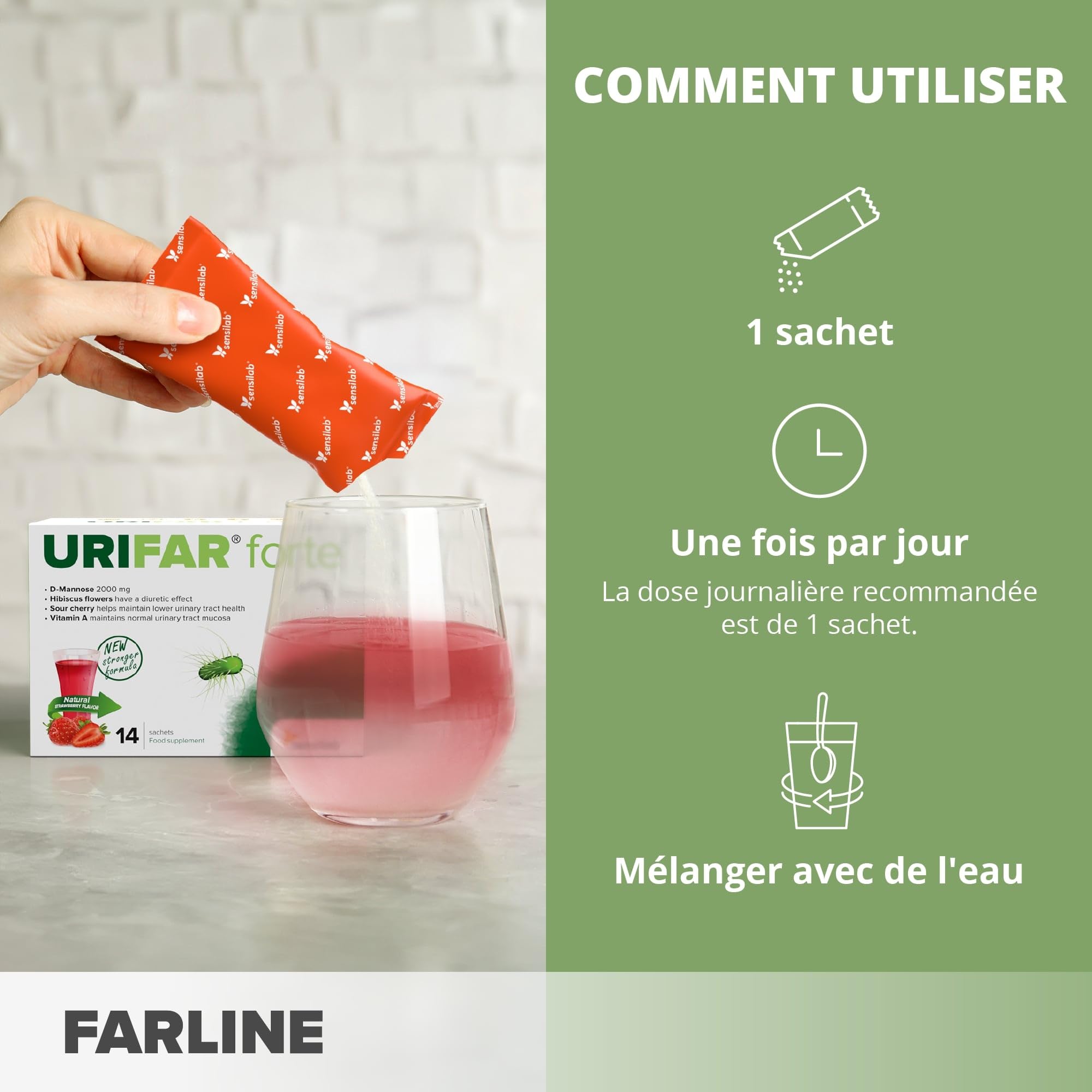 Sensilab Urifar Forte - Boisson D-Mannose à la Fraise, 28 Sachets | Hibiscus, Extrait de Cerise Griotte, la Vitamine A contribue au Maintien de Muqueuses Normales