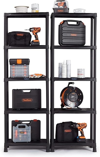 VonHaus Plastic Shelving Unit - 5-Tier, Lightweight Plastic Shelving Unit, Pack of Two for Easy Garage, Shed and Workshop Storage - Garage Shelving Units Plastic, 176cm x 60cm x 30cm, 100kg Capacity