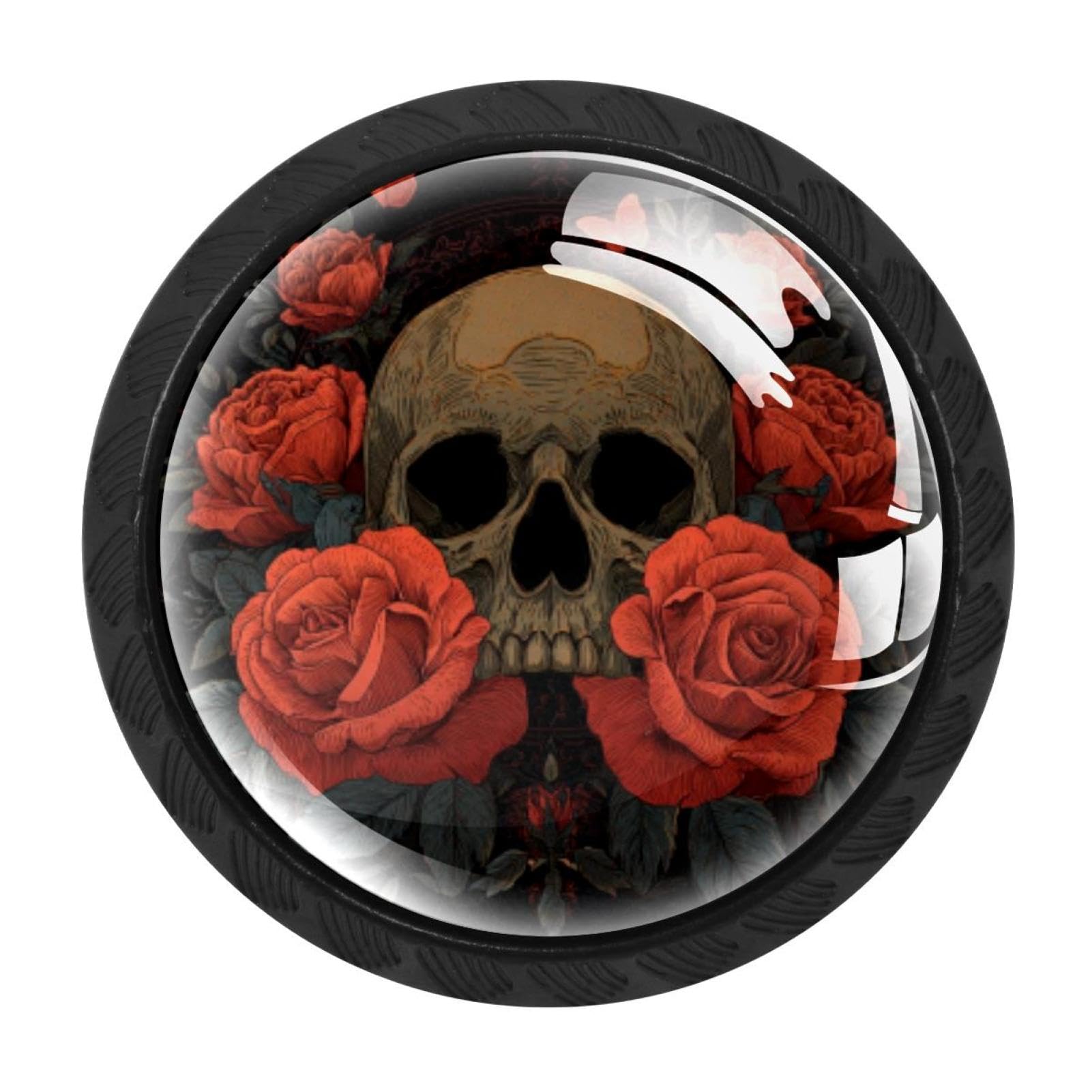 CHENZZZZ 4 Pieces Black Cabinet Pull Handle with Screws,Skull and Roses (2) Kitchen Knobs, Hardware for Cupboard Drawer Dresser