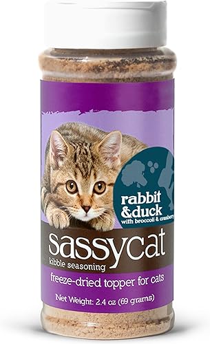 Herbsmith Sassy Cat Kibble Seasoning Conejo y pato liofilizado Decoración de comida para gatos para los quisquillosos Conejo y pato