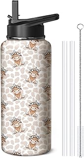 32oz Highland Cow Water Bottle with Handle and Flip Straw, Animal Sports Stainless Steel Insulated Cup Travel Coffee Mug Tumbler, Birthday Mothers Day Chritmas Gifts for Women