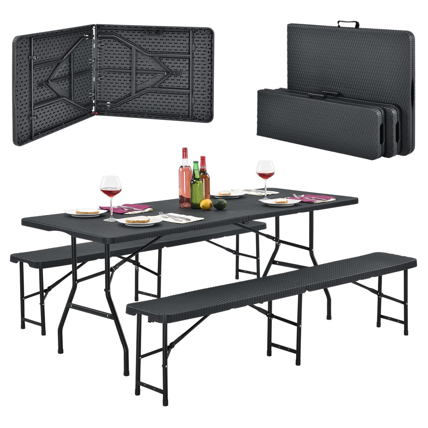 Juskys Set tenda da birra Amberg 3 pezzi e pieghevole - 180 x 74 x 74-2 panche da birra e tavolo da birra in stile rattan Set mobili da giardino Set tendone da campeggio