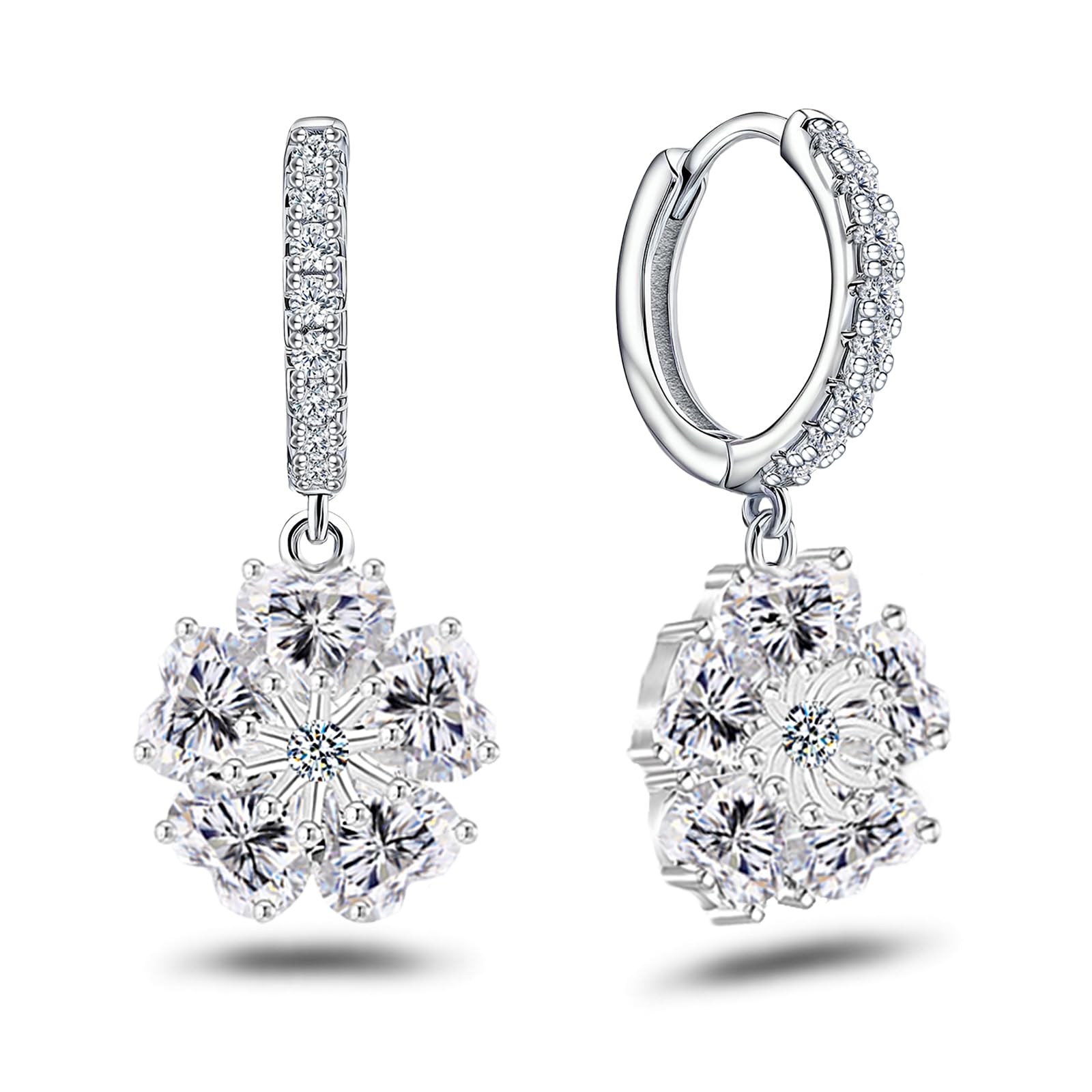 Heart Hoop Earrings for Women Sterling Silver Crystal Inlay Flower Earrings with CZ Heart Huggie Hoop Earrings Dainty Hypoallergenic Love Drop Dangle